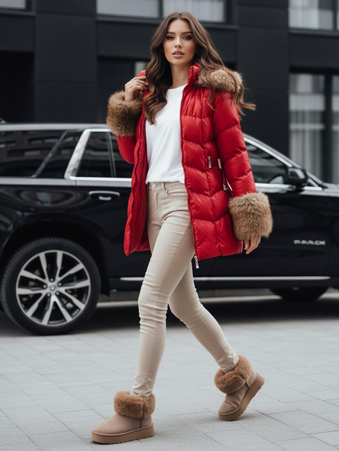 Kurtka damska zimowa pikowana z kapturem czerwona Dstreet TY5321