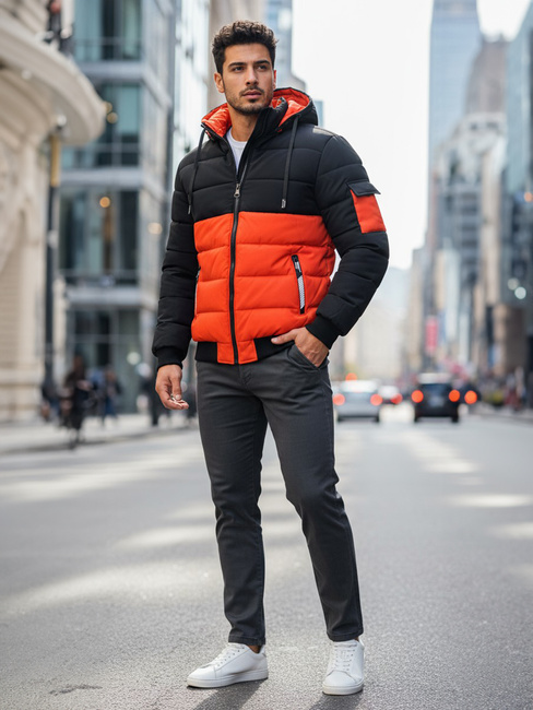 Kurtka męska zimowa z kapturem pomarańczowo-czarna Dstreet TX5097