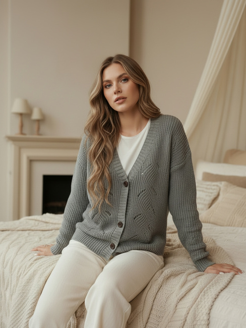 Sweter damski rozpinany KNITVIA jasnoszary Dstreet MY2401