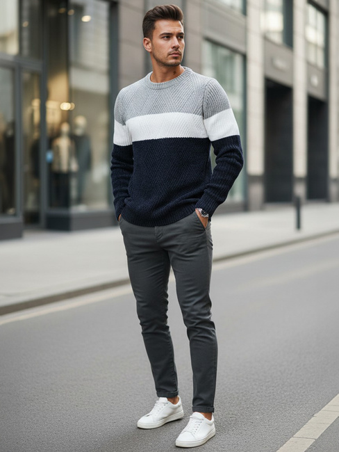 Sweter męski z okrągłym dekoltem szaro-granatowy Dstreet WX2320