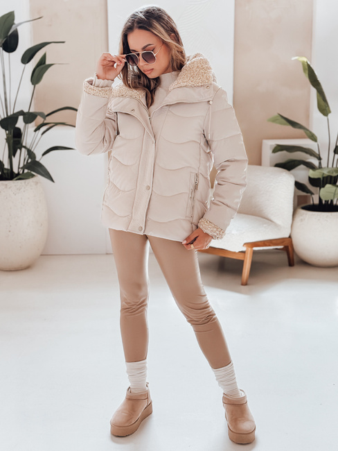 Kurtka damska zimowa WARMMISS pikowana z kapturem  jasnobeżowa Dstreet TY4923