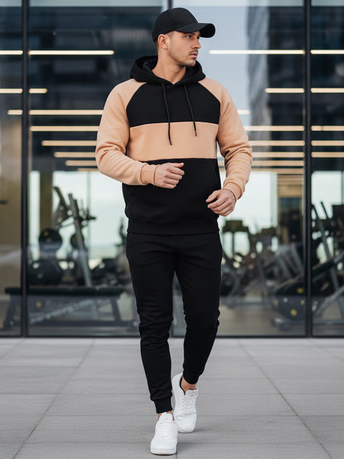 Bluza męska z kapturem w kamelowo-czarne paski Dstreet BX5897