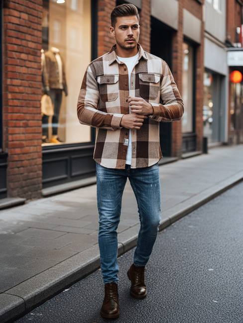 Koszula męska flanelowa w kratę kamelowa Dstreet DX2674