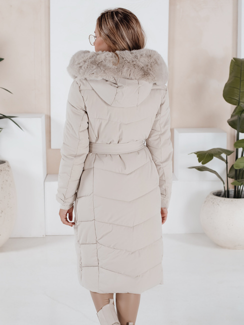 Kurtka zimowa damska długa pikowana z futerkiem ecru Dstreet TY5088