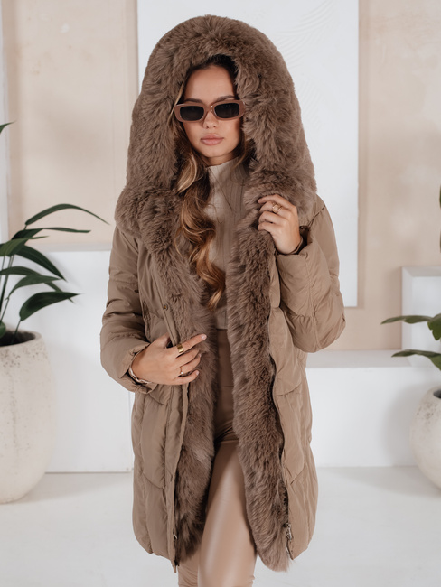 Kurtka damska zimowa MORISIO długa pikowana z kapturem beżowa Dstreet TY5183