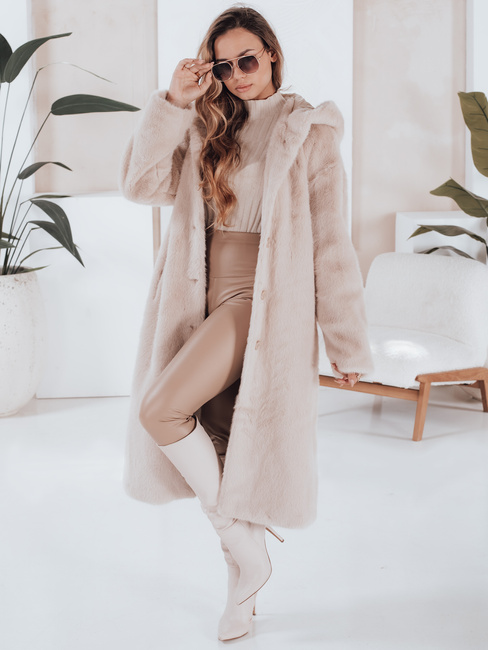 Płaszcz damski futerkowy HELLOCHIC długi beżowy Dstreet TY4987