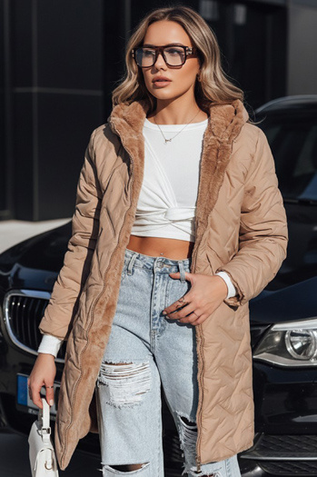 Kurtka damska długa pikowana ciemnobeżowa Dstreet TY5438