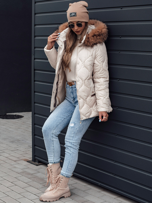 Kurtka zimowa damska LUMORE pikowana z kapturem jasnobeżowa Dstreet TY4724