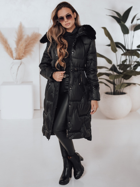 Kurtka zimowa damska długa pikowana z futerkiem czarna Dstreet TY5072