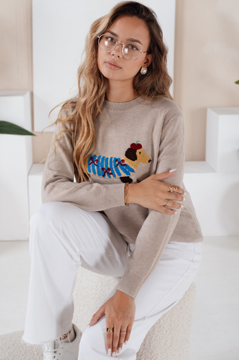 Damski sweter z aplikacją psa CHICPAWS beżowy Dstreet MY2543