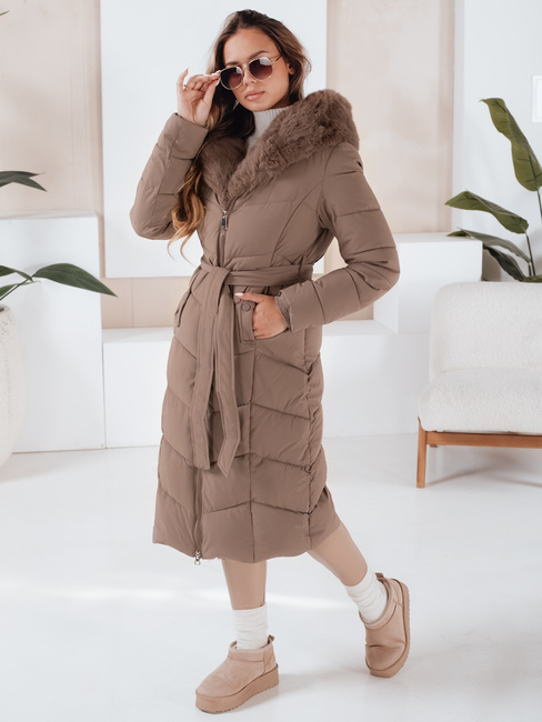Kurtka zimowa damska długa pikowana z futerkiem ciemnobeżowa Dstreet TY5087
