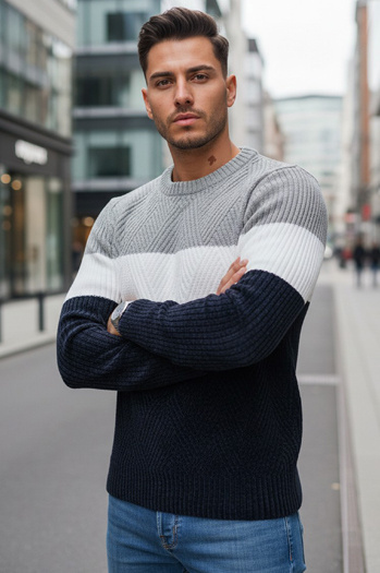 Sweter męski z okrągłym dekoltem szaro-granatowy Dstreet WX2320