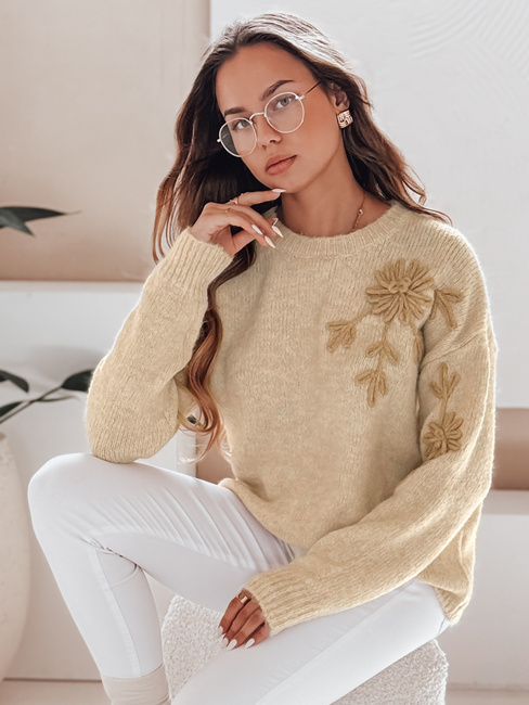 Damski sweter z aplikacją kwiatów GIRLHERBAL kremowy Dstreet MY2546