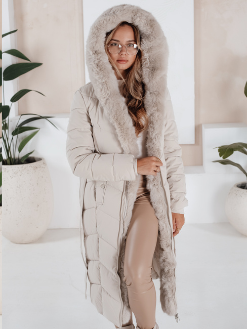 Kurtka zimowa damska długa pikowana z futerkiem ecru Dstreet TY5088