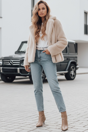 Płaszcz damski futerkowy GLAMFLUFFY krótki beżowy Dstreet TY4984