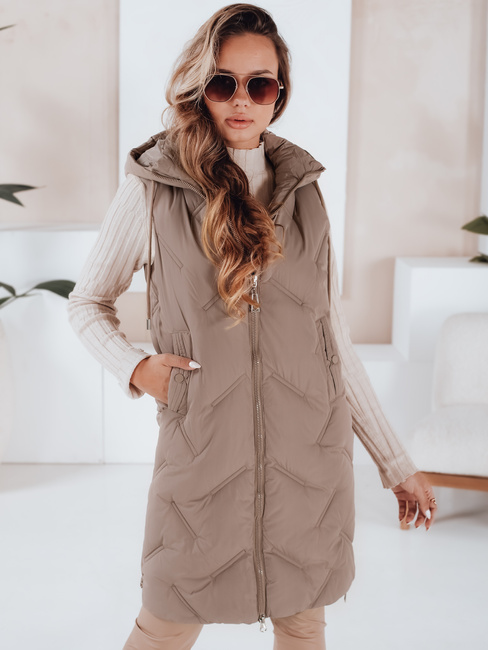 Kamizelka damska długa pikowana z kapturem kamelowa Dstreet TY5098