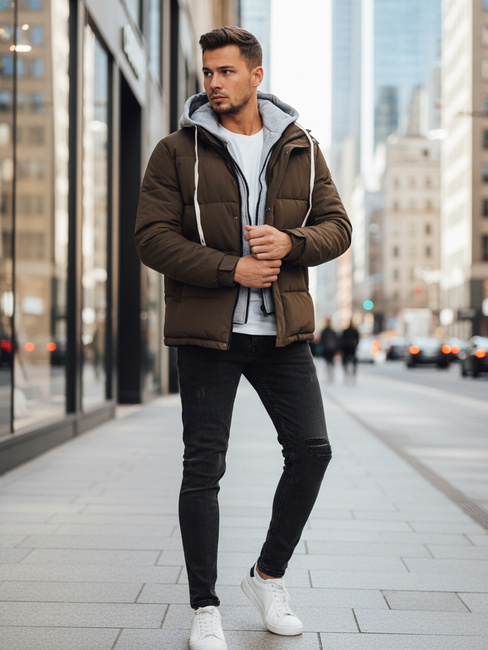 Kurtka męska zimowa pikowana z kapturem khaki Dstreet TX5102