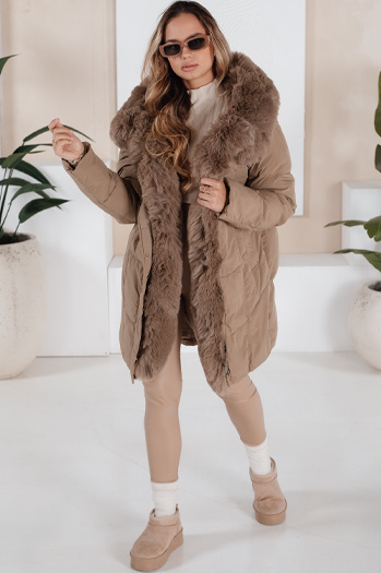 Kurtka damska zimowa MORISIO długa pikowana z kapturem beżowa Dstreet TY5183