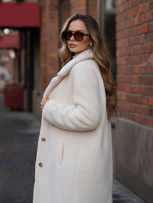 Płaszcz zimowy damski teddy futrzany długi kremowy Dstreet NY0750z