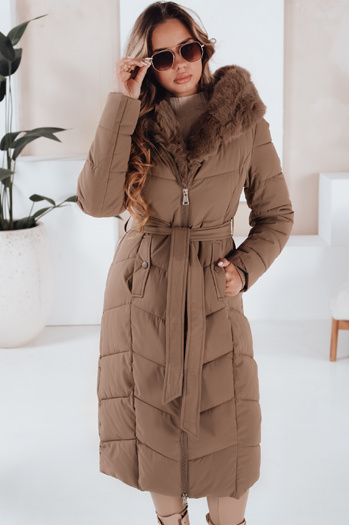 Kurtka zimowa damska długa pikowana z futerkiem kamelowa Dstreet TY5086