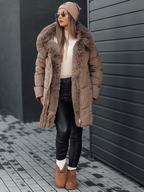 Kurtka damska zimowa MORISIO długa pikowana z kapturem ciemnobeżowa Dstreet TY4701