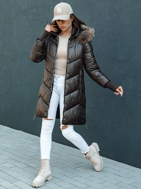 Kurtka zimowa damska pikowana futerko z kapturem LAGOON brązowa Dstreet TY4500