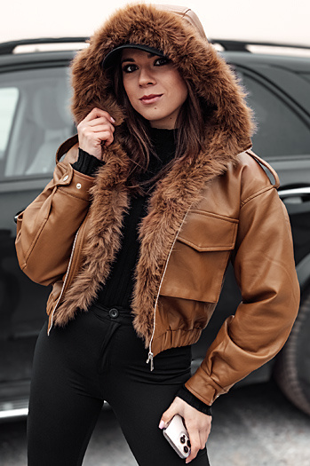 Kurtka skórzana damska z futerkiem SOFTREBEL brązowa Dstreet TY4761