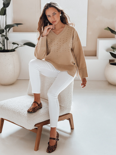 amski sweter z dekoltem V VERALIA kamelowy Dstreet MY2518