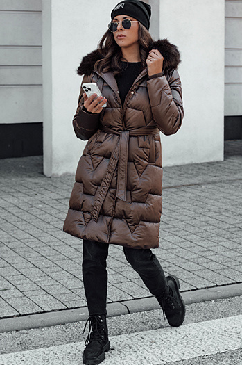 Kurtka zimowa damska STYLOWQ długa pikowana z futerkiem brązowa Dstreet TY4630