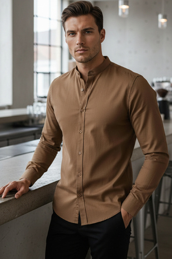 Koszula męska SLIM FIT casualowa ze stójką kawowa Dstreet DX2592