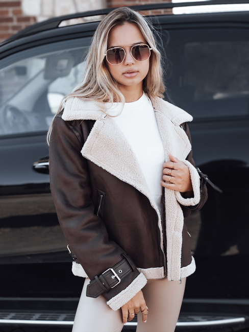 Kurtka ramoneska damska z kożuchem brązowa Dstreet TY5234