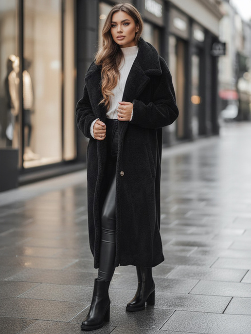 Płaszcz zimowy damski teddy futrzany długi czarny Dstreet NY0760z