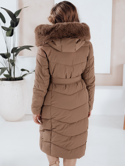 Kurtka zimowa damska długa pikowana z futerkiem kamelowa Dstreet TY5086