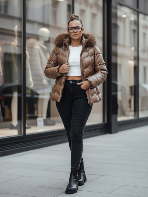 Kurtka damska zimowa pikowana z futerkiem brązowa Dstreet TY5359