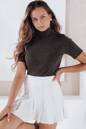 Damski sweter prążkowany z krótkim rękawem GIRLGLORY brązowy Dstreet MY2554