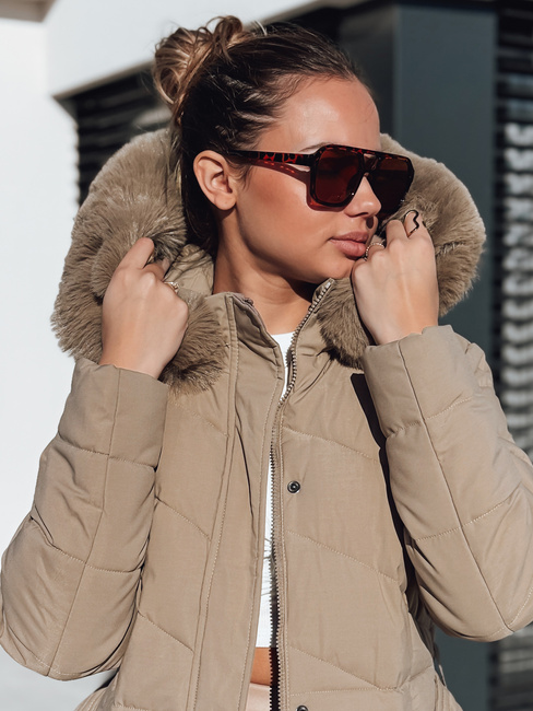 Kurtka damska zimowa długa z futerkiem jasnobeżowa Dstreet TY5463