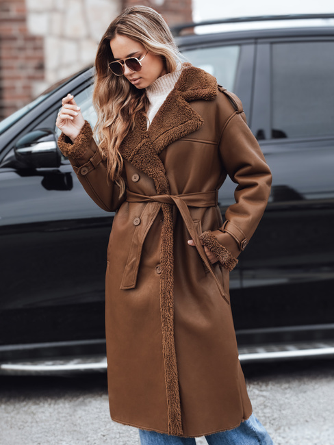 Płaszcz zimowy damski CHICFROST długi brązowy skórzany Dstreet TY4992