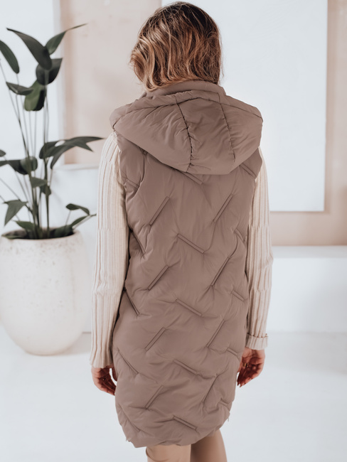 Kamizelka damska długa pikowana z kapturem ciemnobeżowa Dstreet TY5100