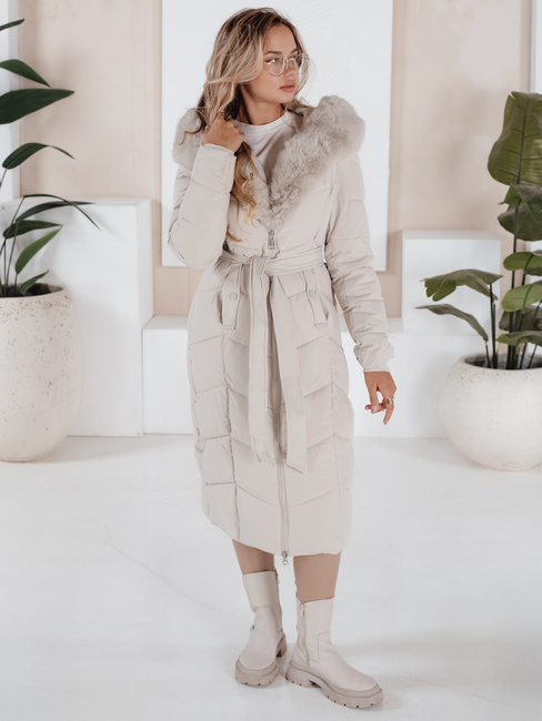 Kurtka zimowa damska długa pikowana z futerkiem ecru Dstreet TY5088
