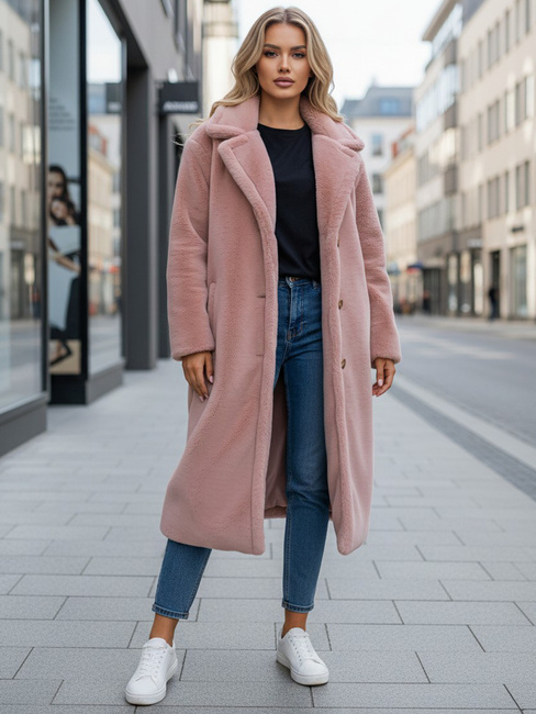 Płaszcz zimowy damski teddy futrzany długi różowy Dstreet NY0751z