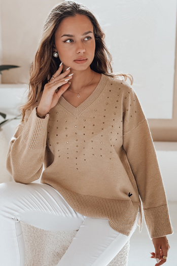 amski sweter z dekoltem V VERALIA kamelowy Dstreet MY2518