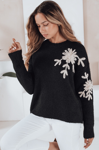 Damski sweter z aplikacją kwiatów GIRLHERBAL czarny Dstreet MY2545