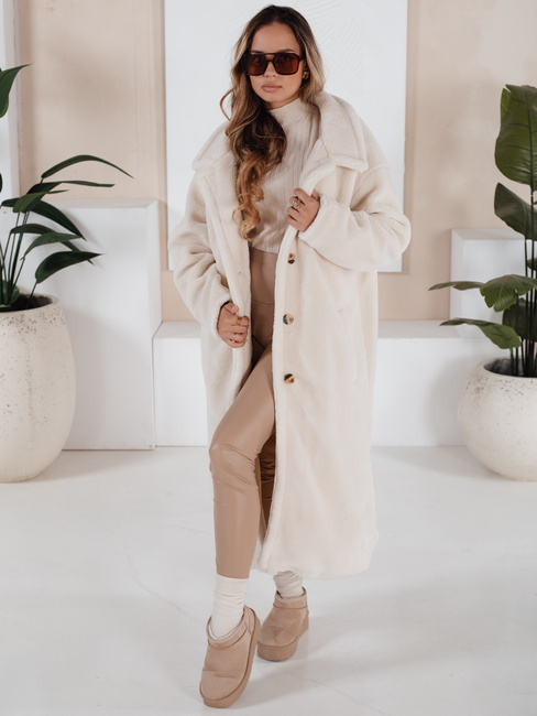 Płaszcz zimowy damski teddy futrzany długi kremowy Dstreet NY0750