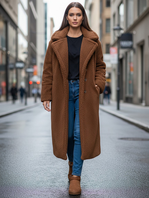 Płaszcz zimowy damski teddy futrzany długi kamelowy Dstreet NY0759z