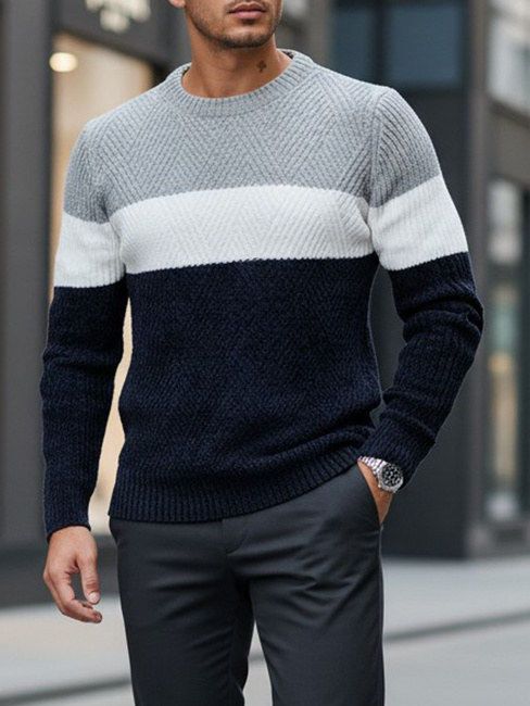 Sweter męski z okrągłym dekoltem szaro-granatowy Dstreet WX2320