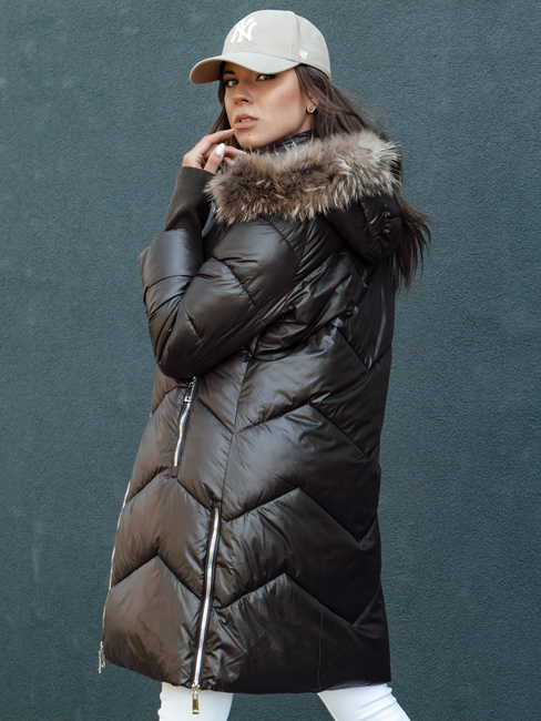 Kurtka zimowa damska pikowana futerko z kapturem LAGOON brązowa Dstreet TY4500