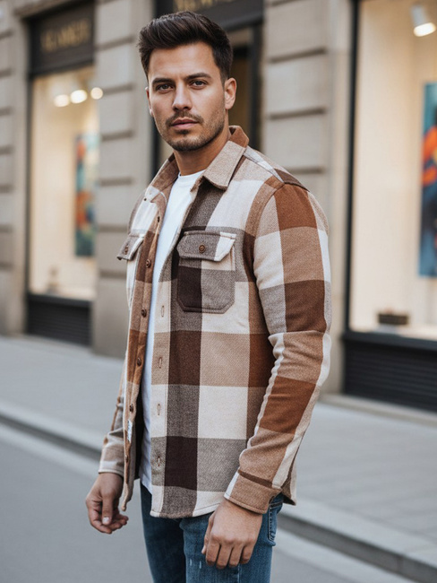 Koszula męska flanelowa w kratę kamelowa Dstreet DX2674