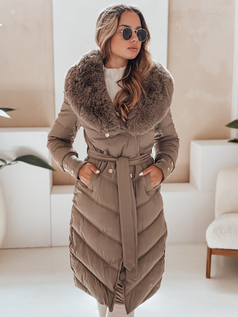 Kurtka zimowa damska pikowana z futerkiem ciemnobeżowa Dstreet TY5079