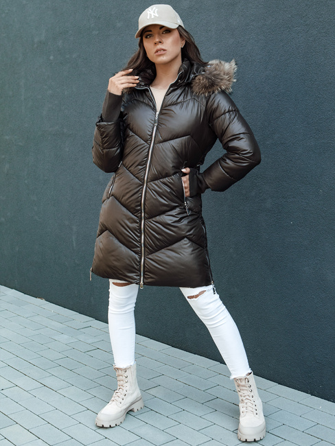 Kurtka zimowa damska pikowana futerko z kapturem LAGOON brązowa Dstreet TY4500