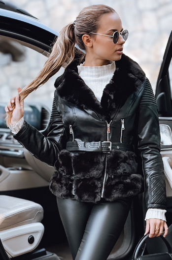 Kurtka damska skórzana ramoneska z futerkiem czarna Dstreet TY5274